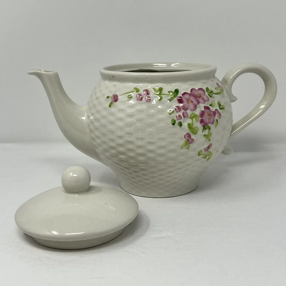 Vintage Teleflora Ceramic Porcelain Teapot 1985 White Lattice Floral Lid Decor